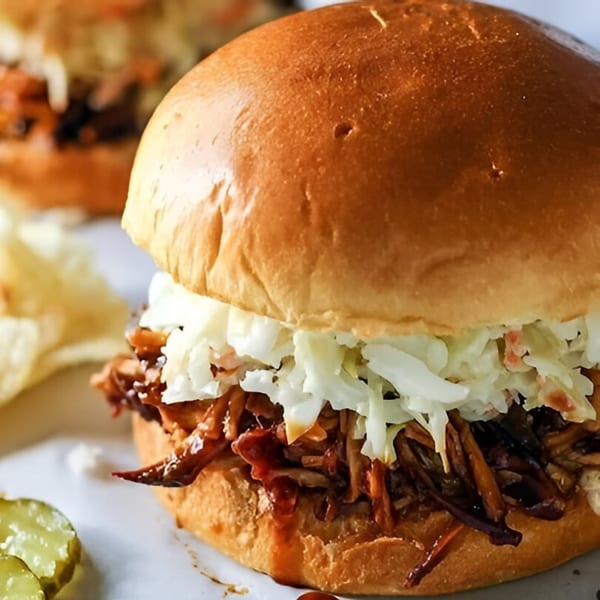 A Fat Man's BBQ pulled pork sandwich with coleslaw and pickles on a white surface.