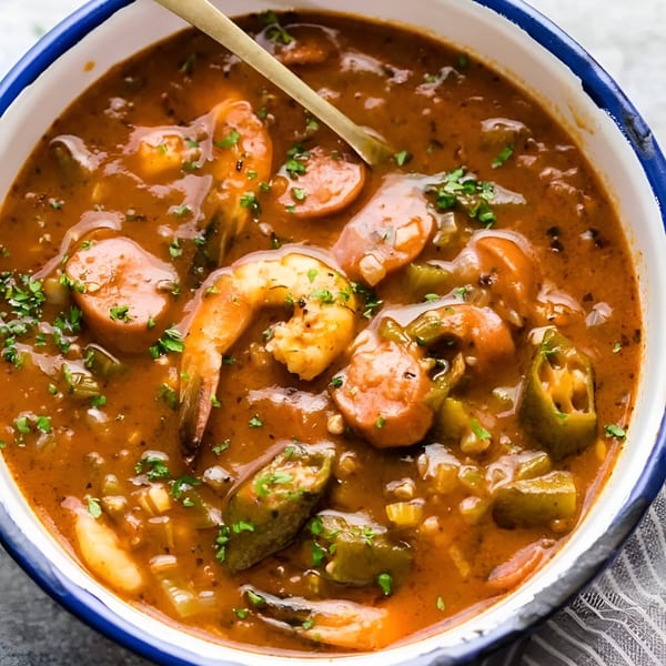 A bowl of Fat Man's BBQ gumbo with shrimp, sausage, okra, and a spoon.
